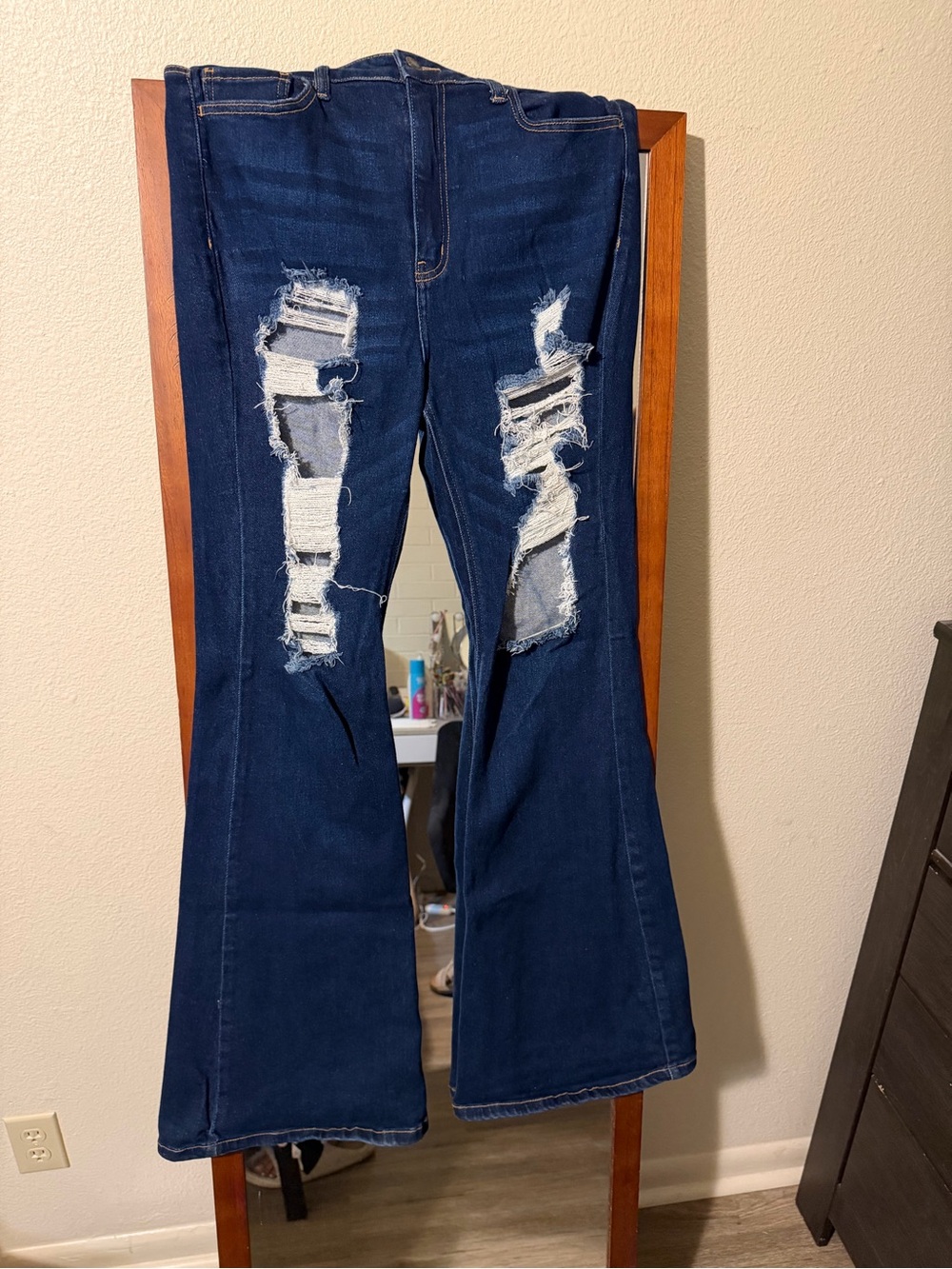 Dark Blue Distressed Flare Jeans - Women's